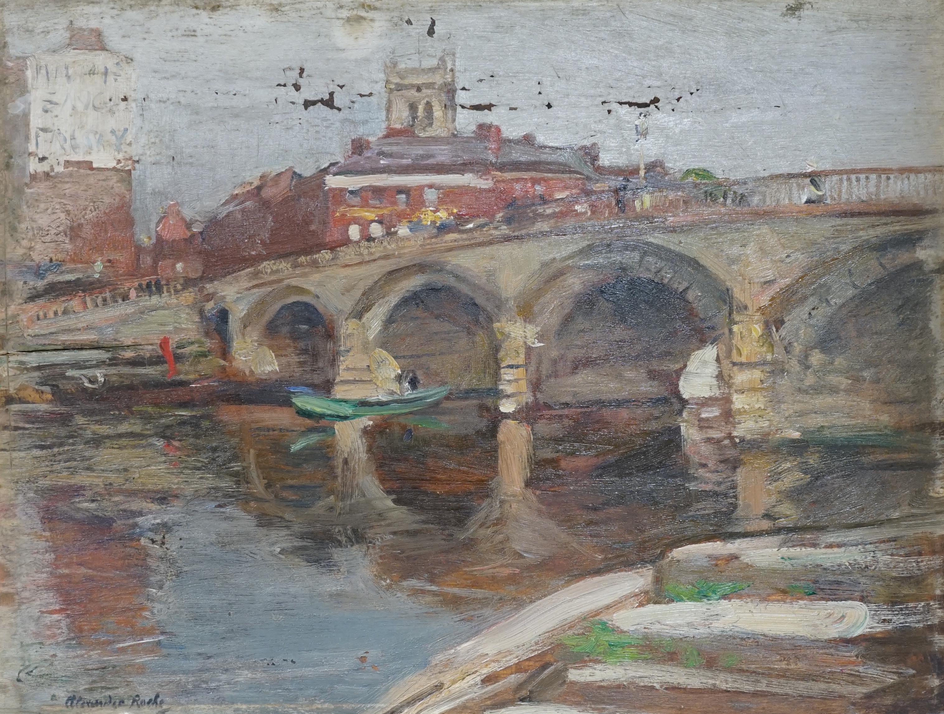 Alexander Ignatius Roche RSA (Scottish, 1861-1921), oil on board, ‘Worcester Bridge’, signed, with Aitken Dott & Son, Edinburgh label, unframed, 26 x 35cm